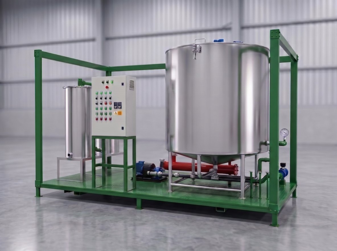 Desgomadora DG-803 de ATS Energy con tanque, tablero de control y bombas montados sobre skid