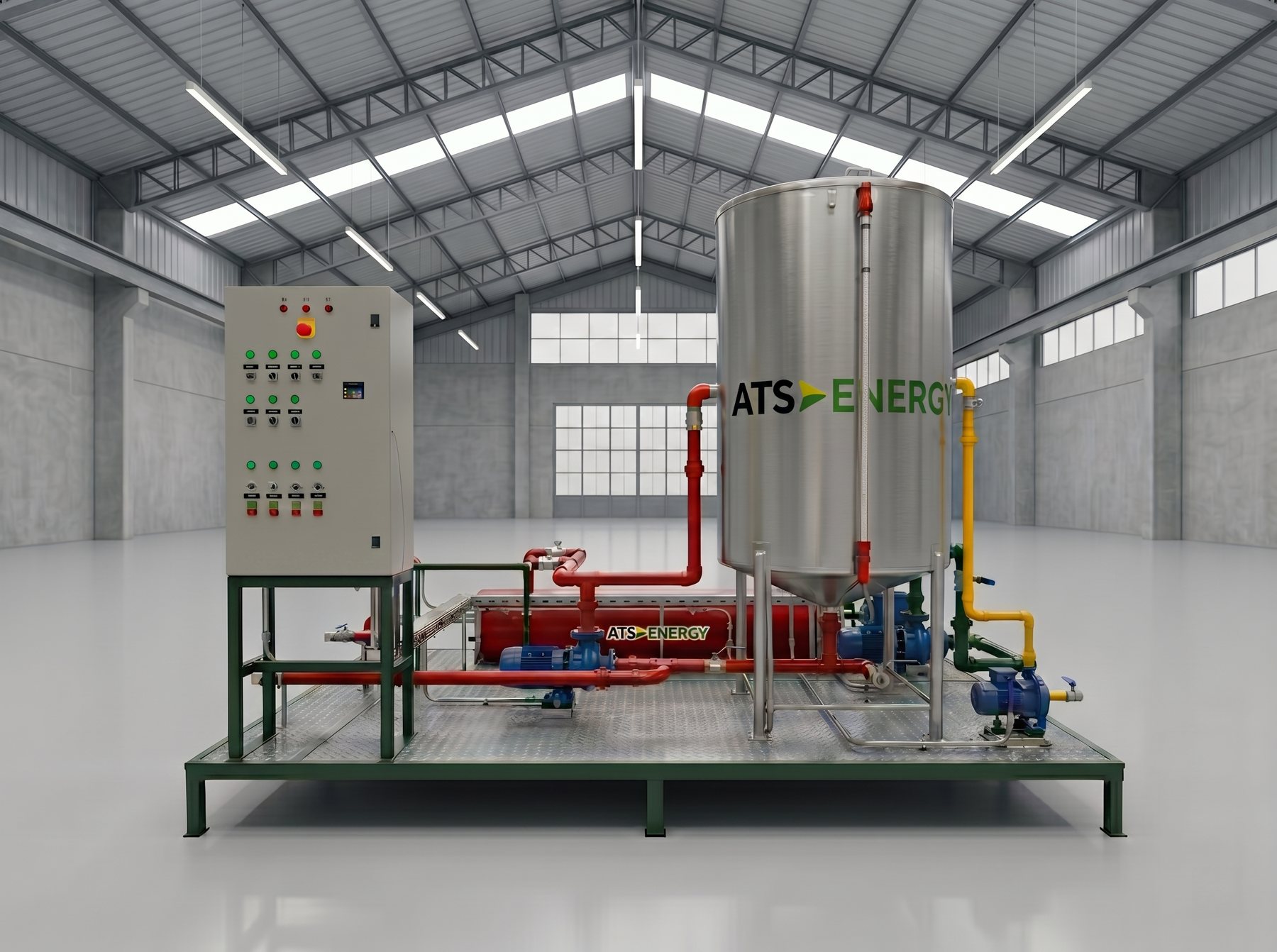 Planta de biodiésel B100 de ATS Energy: tanque de acero inoxidable, reactor, bombas y cañerías sobre skid, en una nave industrial